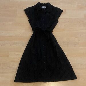 Frock Shop Black Eyelet Midi Dress Size Small Lined Tie Waist Button Front